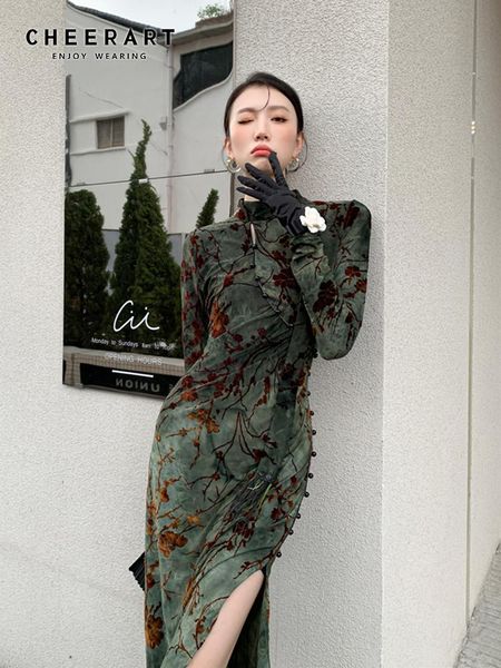 

dresses cheerart vintage green floral bodycon cheongsam dress long sleeve midi ladies high slit qipao dresses womens fashion clothes, Black;gray