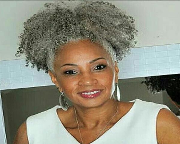 

black women gray hair extension silver grey afro puff kinky curly drawstring human hair ponytails clip in real hair 100g 120g7116478