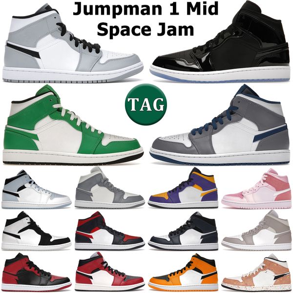 

jumpman 1 mid basketball shoes men women 1s space jam light smoke grey true ice blue stealth digital pink lucky green mens trainers outdoor, White;red