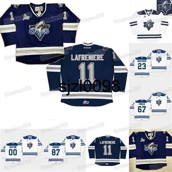 

sj98 rimouski oceanic hockey jerseys 11 alexis lafreniere 23 frederik gauthier 67 michael frolik 87 sidney crosby custom chl white navy blue, Black