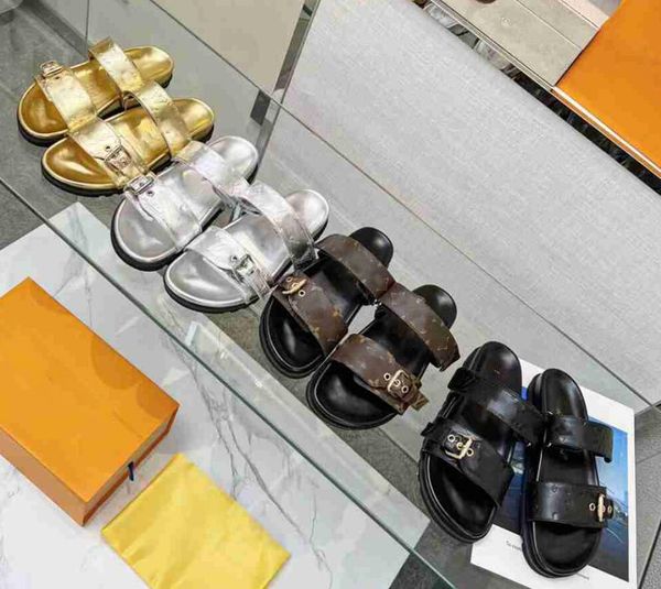 

women designer bom dia flat comfort mule slippers luxury leather treaded rubber outsole brown beach summer sandals with box, Black