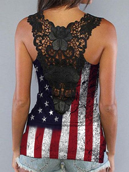 

tanks lace splicing tank shirts for women american us flag sleeveless open back cutout cami summer blouse racerback tank, Black;white