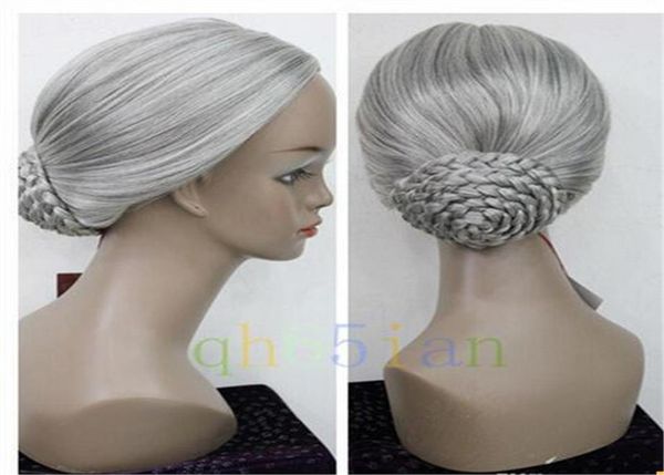 

new retro gray braid hair bun women granny party cosplay wigs4840613, Black
