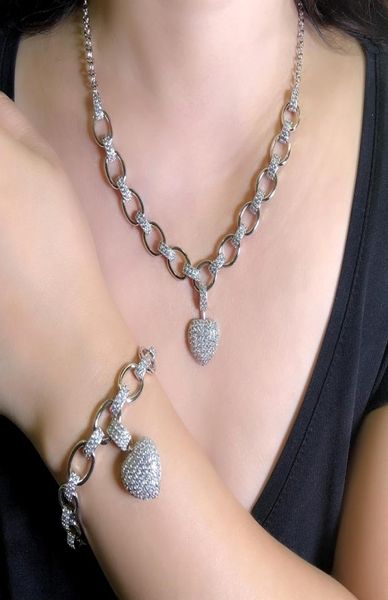 

shining heart shape pendant necklace chain bracelet cubic zirconia set silver color charm dubai jewelry set bride wedding bijoux y9836960, Slivery;golden