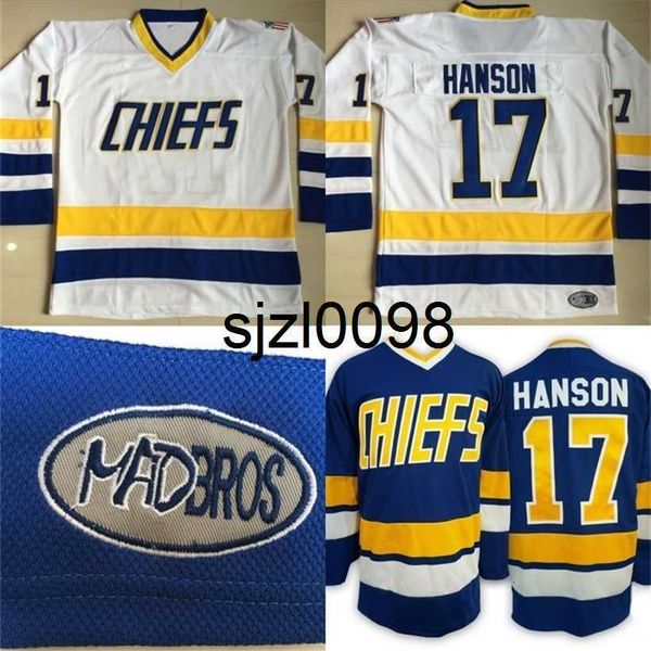 

sj98 #17 steve hanson charlestown men's hanson brother slap sstitched embroidery movie hockey jerseys blue white, Black