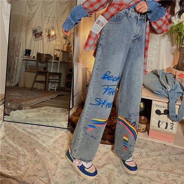 

jeans summer haruku oversized jeans blue rainbow jeans women y2k straight jeans female cotton cargo pants streetwear loose 2023 new