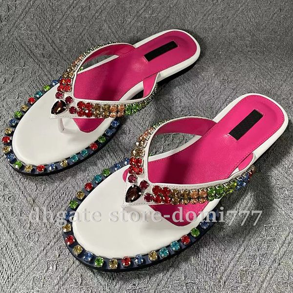 

quality fashion brand leather flip flops with colorful diamonds slippers sandals for summer, Black