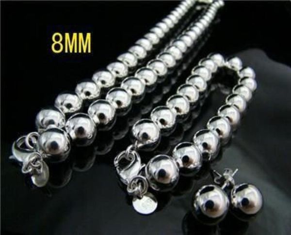 

whole retail lowest 925 silver 8mm solid necklacebraceletearrings set s0668954568, Black