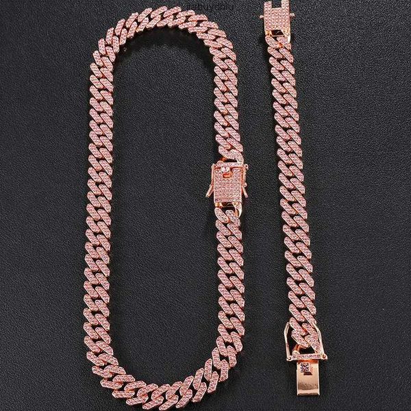 

new 12mm cuban chain men's necklace rose gold pink full diamonds rapper hip hop male choker jewelry, Silver