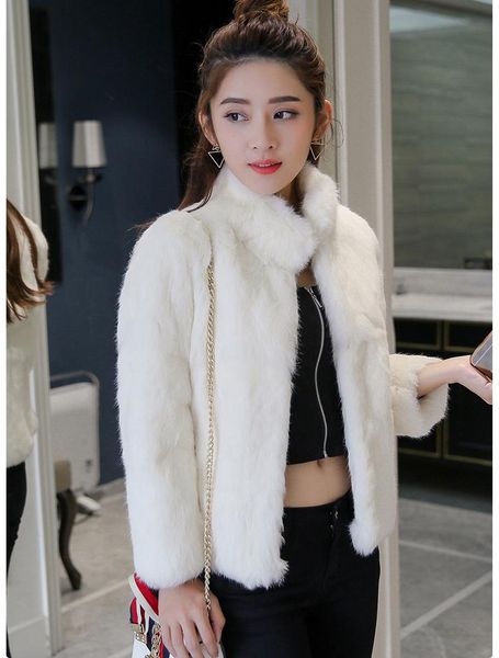 

fur new real/genuine natural rabbit fur coat women fashion short style standard collar jacket overcoat, Black