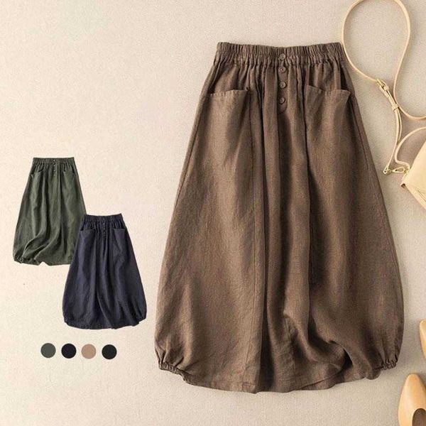 

high-waist women skirt elastic casual skirt waistband retro skirt pockets buttons large hem midi a line skirt, Black