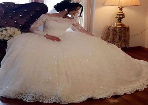 

cascading ruffles ball gown wedding dress long sleeves lace appliques sequins bridal gowns formal church plus size vestido de novi5947674, White