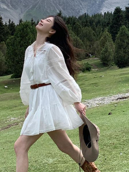 

dresses elegant hollowout white dresses for women simmer new lantern sleeve with belt mini dress french style shirt vestidos 2023, Black;gray