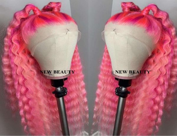 

new pink color loose curly synthetic lace front wigs pre plucked perruque frontal brazilian wig for black women bleached knots2425178