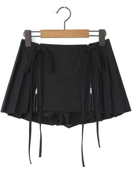 

women fashion duoperi solid lace up pleated front zipper mini skirts vintage high waist female chic lady, Black