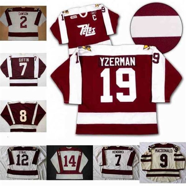 

c2604 thr peterborough petes 2 aaron dawson 19 steve yzerman 9 macdonald 7 hendrikx 14 john druce 12 staal 8 tie domi 7 rob giffin hockey je, Black