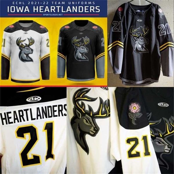 

c2604 mit echl 2021-22 iowa heartlanders new uniforms jersey custom mens womens youth home away hockey jersey white black