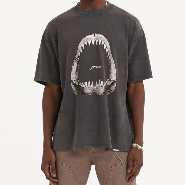

23ss europe uk shark teeth washed t shirt high street tee vintage spring summer short sleeve skateboard men women tshirt, Black;brown
