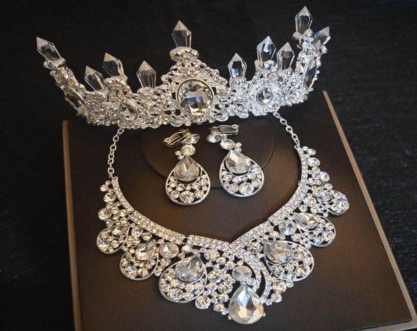 

luxury big rhinestone bridal jewelry sets silver plated crystal crown tiaras necklace earrings set for bride hair accessories7990999, Slivery;golden