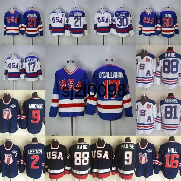 

sj98 1980 miracle on ice hockey jersey 17 jack o'callahan 21 mike eruzione 30 jim craig 88 patrick kane 9 zach parise mens hockey jerse, Black