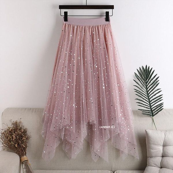 

dresses plus size elastic high waist long tulle skirt 2021 summer women fashion star sequined irregular hem mesh tutu skirt, Black;gray