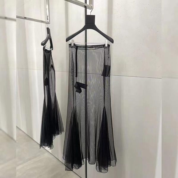 

dresses girl mesh seethrough ruffle halfbody skirt 2023 spring niche design sense thin outside take fishtail long skirt, Black;gray