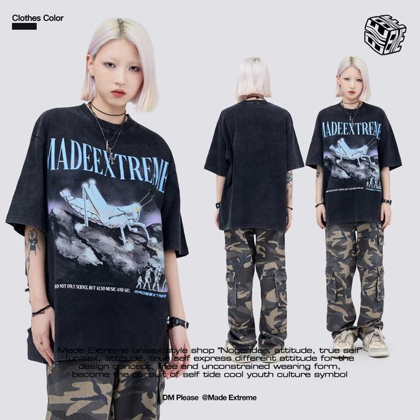 

street print wash old loose short sleeve t-shirt unisex, White;black