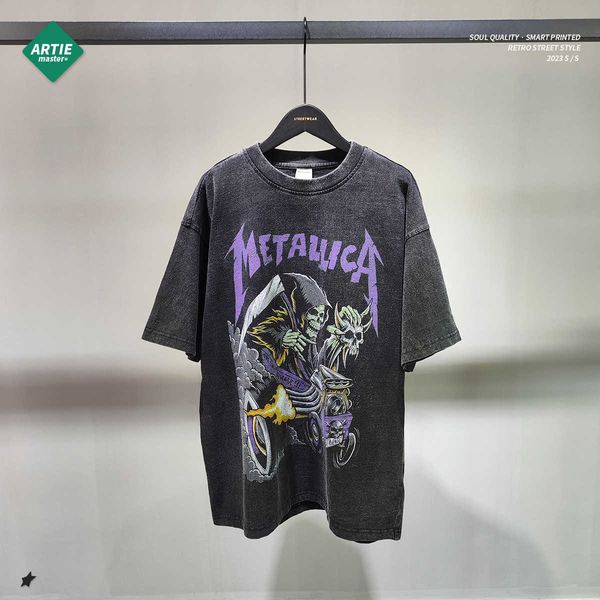 

artie men's wear wash white skull print t-shirt dark black loose fashion brand digital print short sleeve, White;black