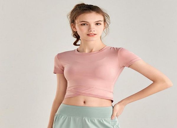 

women yoga jersey sports short running quick dry thin section ins fitness shaping belly button short sleeved t shirt l12359883001