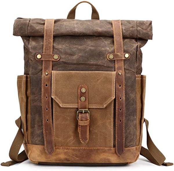 

canvas leather backpack waterproof rucksack for college weekend travel fit 15in lap
