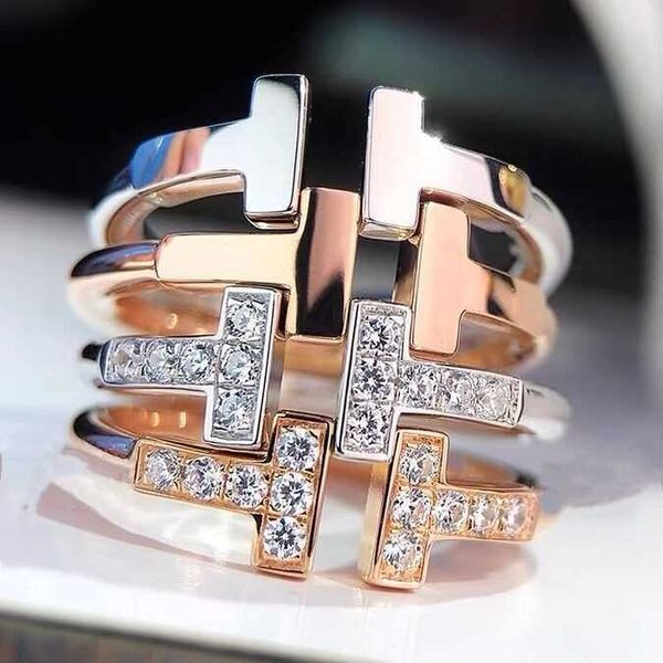 

original new tiffay double ring 925 sterling silver plated 18k gold ti set diamond t-shaped no smooth open