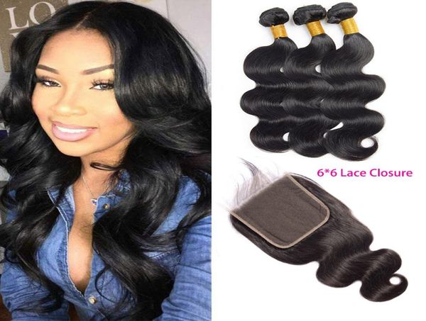 

brazilian virgin hair 3 bundles with 6x6 lace closure middle three part body wave hair products wefts six by six9983778, Black;brown