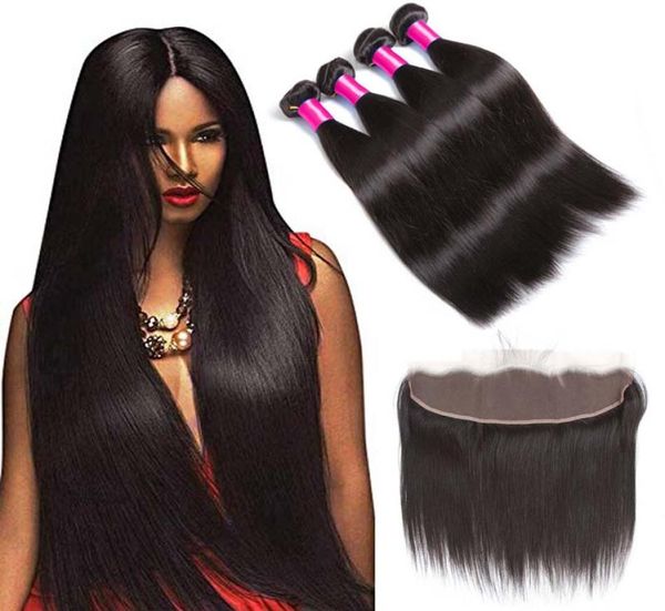 

cuticle aligned brazilian straight hair lace frontal with bundles unprocessed 8a virgin hair 13x4 frontal with 3 bundles weave1425191, Black;brown