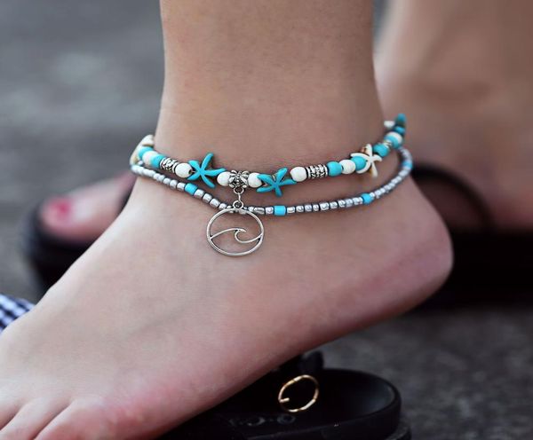 

bohemian starfish turtle anklets for women boho elephant owl wave charm beads stone chain ankle bracelet on leg beach jewelry 512 3342418, Red;blue