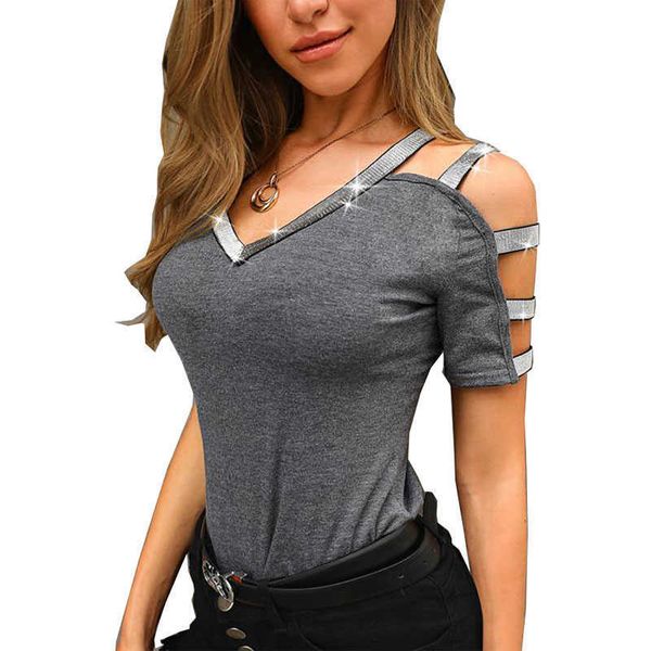 

european and american women's clothing style offshoulder vneck shortsleeved tshirtpzj, White