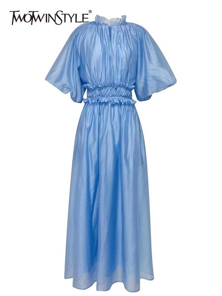 

dresses twotwinstyle hit color dresses for women stand collar puff sleeve high waist folds a line ruffles elegant dress female fashion, Black;gray