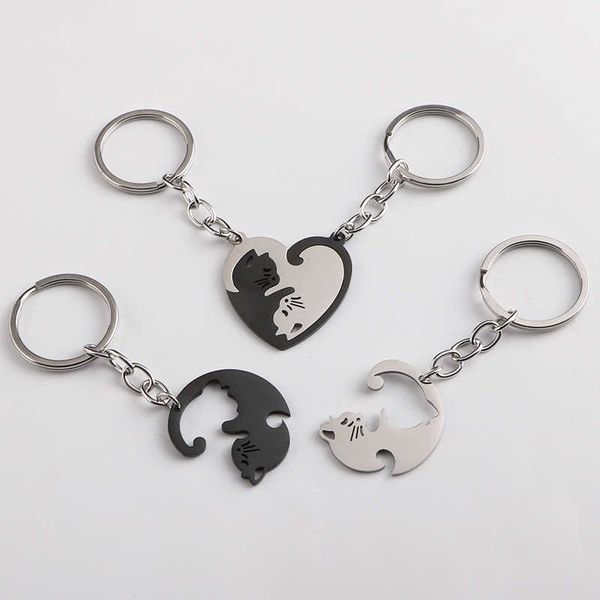 

love cat key chain pendant male and female couples waist hanging stainless steel key chain ring bag pendant accessories, Silver