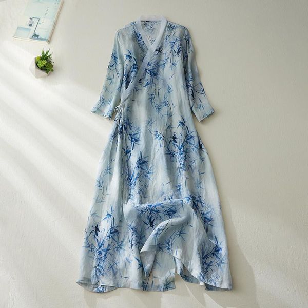 

dresses limiguyue bamboo leaves print thin cozy ramie midi dress chinese style summer dress soft breathable women aline vestidos u182, Black;gray