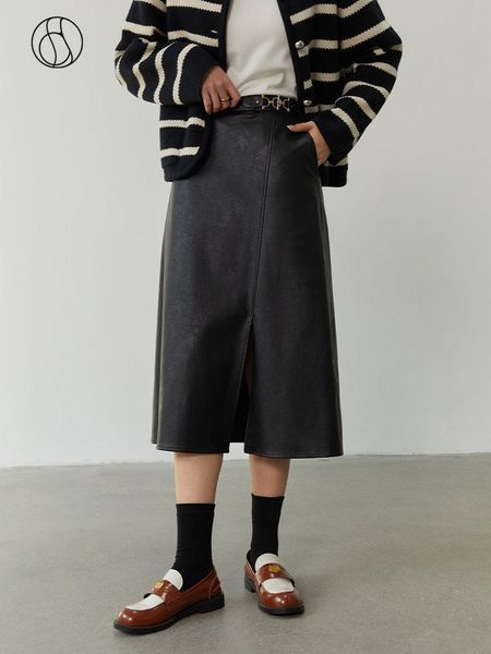 

dresses dushu pu leather women winter aboveknee length skirt asymmetric side slit high waist skirt 2022 winter new long aline skirts, Black;gray