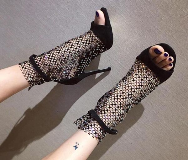 

sandals 2021 female womens shoes summer fashion bling rhinestone mesh ladies peep toe high heels party boots2797568, Black