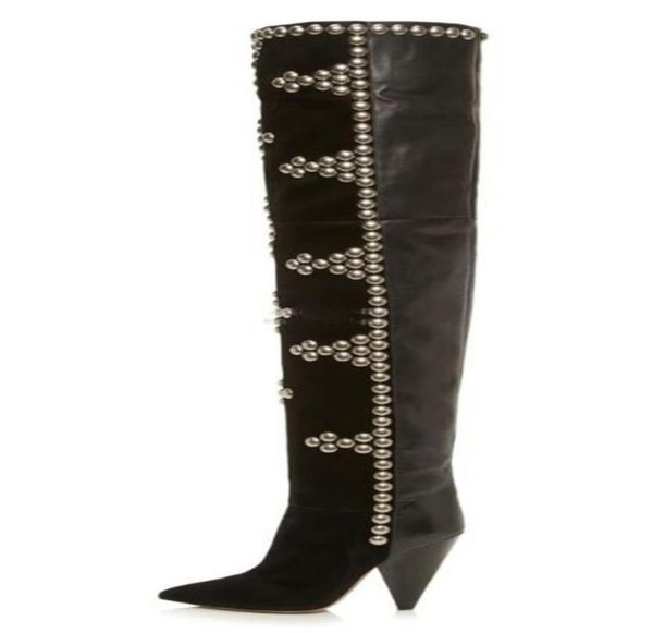 

2021 style sheepskin suede leather spike heels thighhigh boots casual party dress shoes rivets mix colour pointed toes martin boo3897798, Black