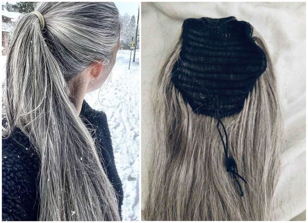 

long ponytail extension salt and pepper high ponytail stunning silver grey women high pony 140g drawstring human hair ponytail with clip ins, Black