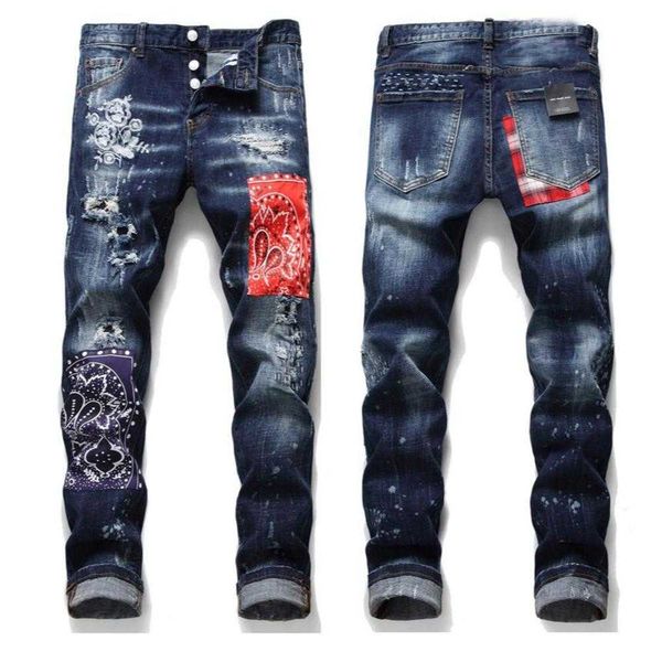 

men more badge slim fit jeans straight leg washed fashion designer painted biker men's denim pants trousers big size 115, Blue