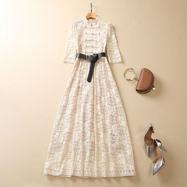 

european and american women's clothes 2023 summer new five-point sleeve stand-up collar button fashion lace pleated dress xxl, Black;gray
