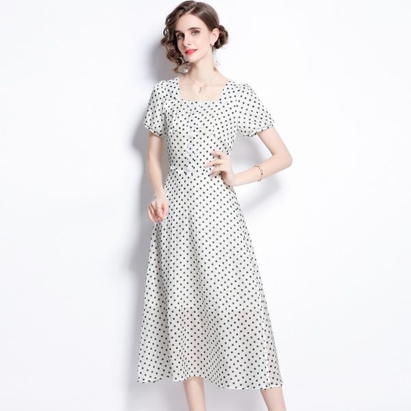 

2023 summer women's polka dot dress, short sleeve, square collar, a-line. made of acrylic. casual mid-calf length. color: as the pictur, Black;gray