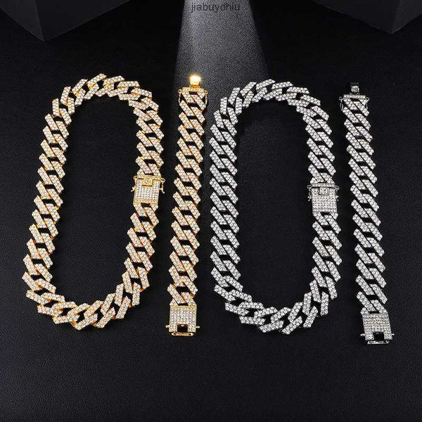 

hip hop 1set 20mm gold heavy miami prong full iced out paved rhinestones cuban chain cz bling rapper necklaces for men jewelry, Silver