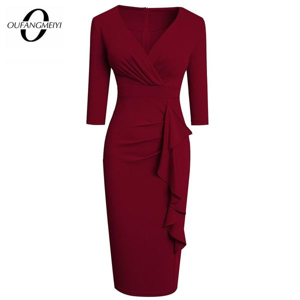 

dresses women tail party solid color low cut 3/4 sleeve ruffles high waist slim pencil dress eb693, Black;gray