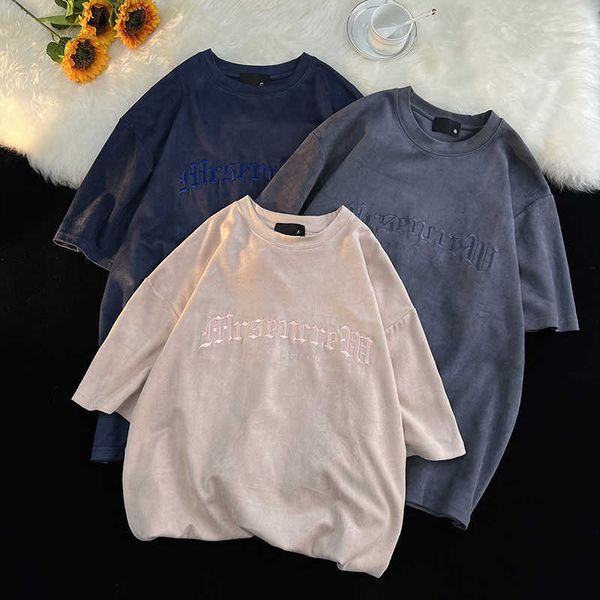 

china-chic suede short sleeved t-shirt men's summer loose brown ruffian handsome fried street top, White;black