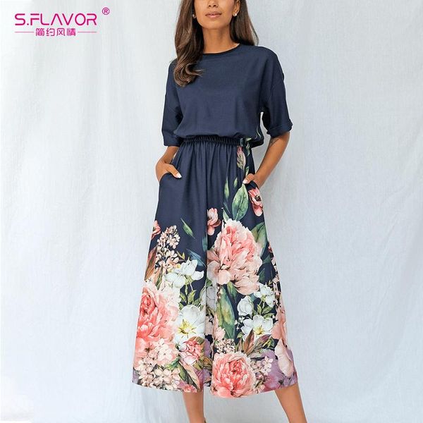 

dresses s.flavor vintage navy blue floral border midi dress spring autumn backless vestidos women casual half sleeve sundress, Black;gray