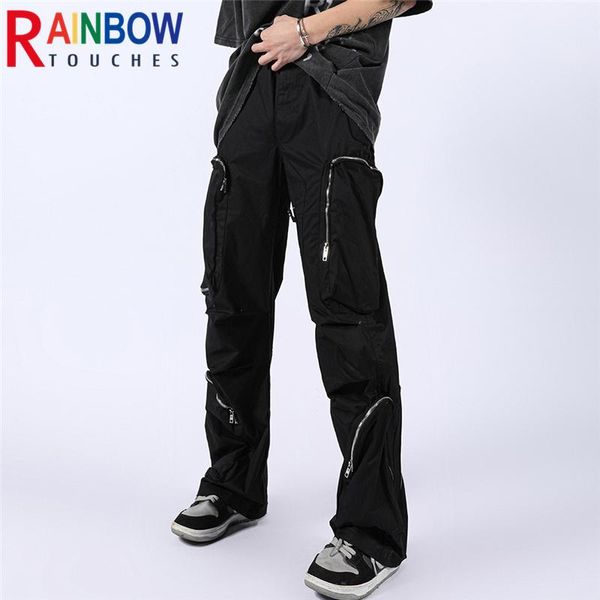 

pants rainbowtouches fashion classic brand mens cargo pants casual zipper pocket design trousers loose straight tooling style overalls, Black